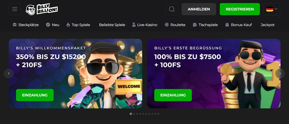 Screenshot vom Billybillion Casino mit 2 Willkommenaangeboten, auf denen ein Mensch im Anzug mit Sonnenbrille abgebildet ist.