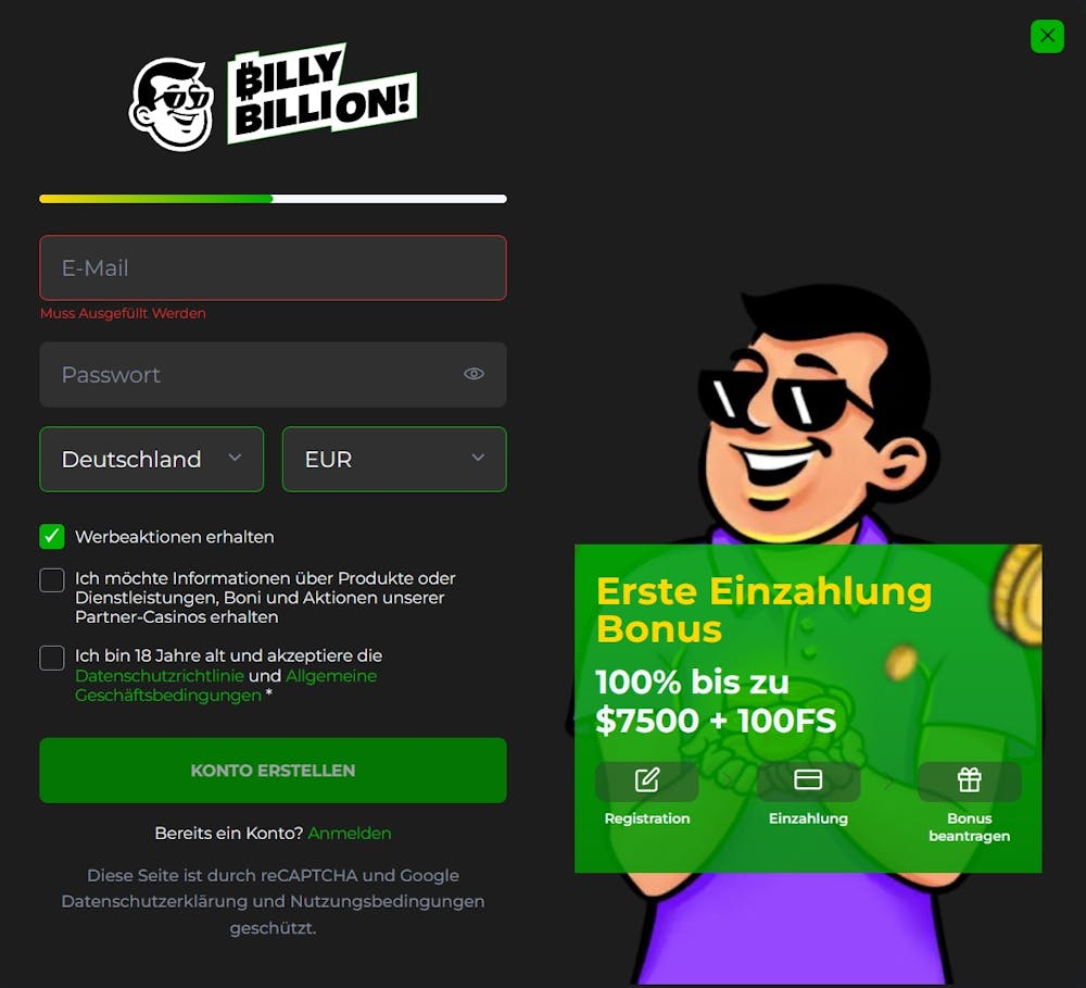 Billybillion Casino Screenshot mit der Anmeldemaske in schwarz mit grünen Akzenten.