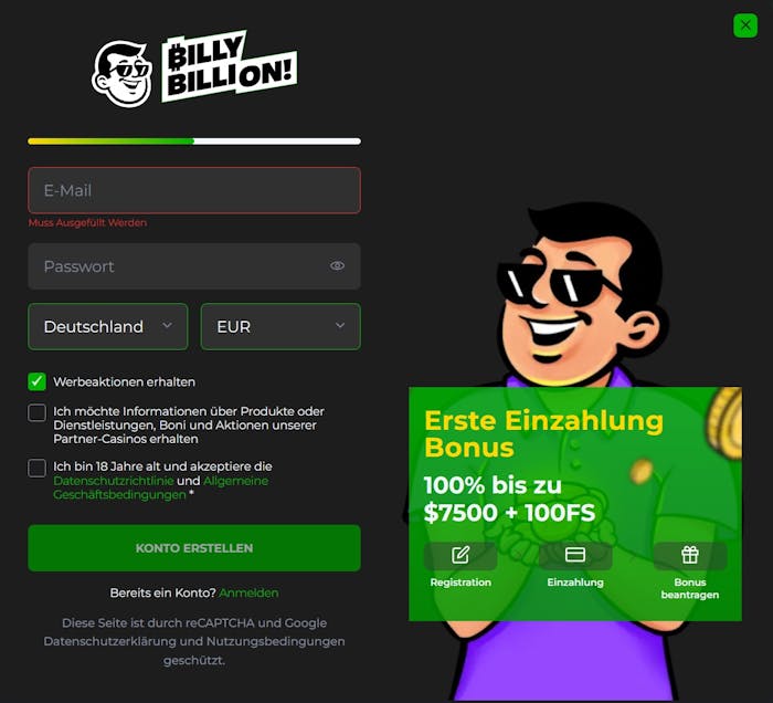 Billybillion Casino Screenshot mit der Anmeldemaske in schwarz mit grünen Akzenten.