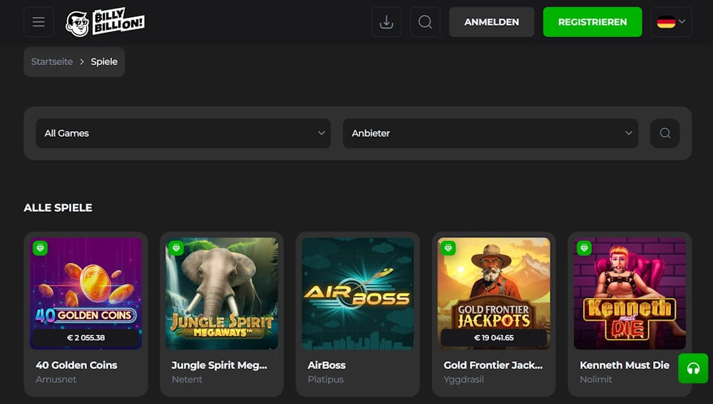 Billybillion Casino Screenshot mit der Spieleauswahl, darunter  40 Golden Coins und Airboss.