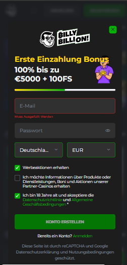 Billybillion Casino Screenshot mit der Anmeldemaske in schwarz mit grünen Akzenten.