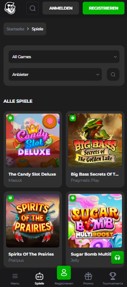 Billybillion Casino Screenshot mit der Spieleauswahl, darunter Spirits of the Prairies