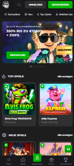 Screenshot vom Billybillion Casino mit 2 Willkommensangeboten und top Spielen