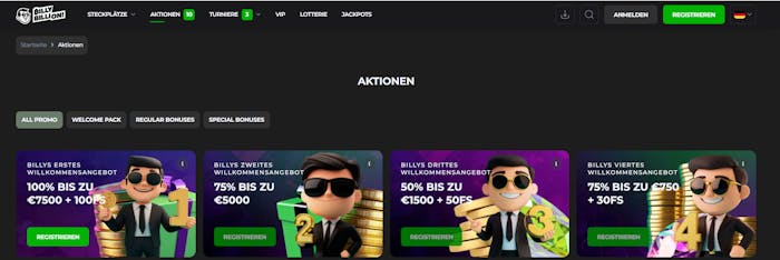 Screenshot vom Billy Billion Casino mit Startguthaben ohne Einzahlung.