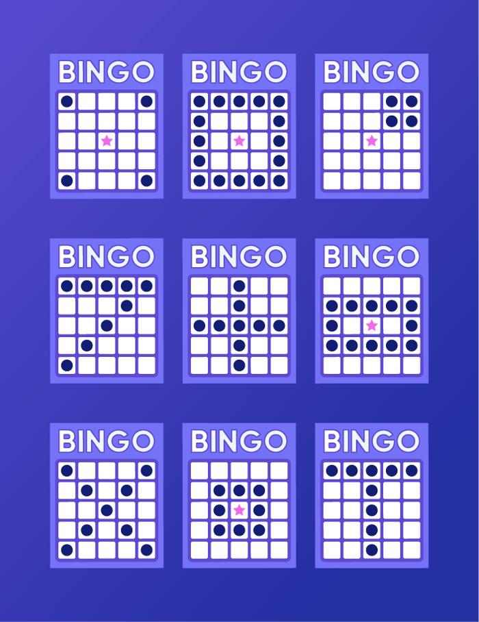 Bingo Karten Layouts fpr das Verstehen der Bingo Regeln, abgebildet sind 9 verschiedene Muster auf den Bingo Karten.