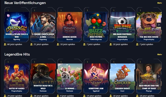 Spiellobby im Bitguruz Casino zeigt neue Veröffentlichungen wie Demon Queen und legendäre Hits wie Gates of Hades
