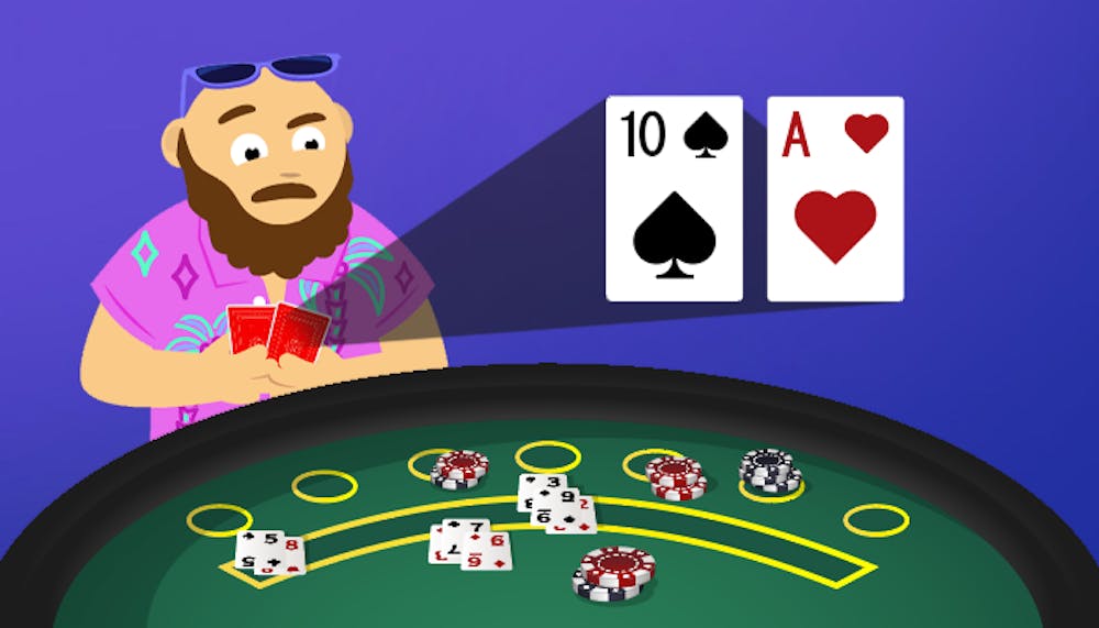 Casinobernie steht am Blackjack Double Down Tisch, in seiner Hand hat er eine 10 Pieck Poker Karte und ein Ass Herz, er schaut analysierend.