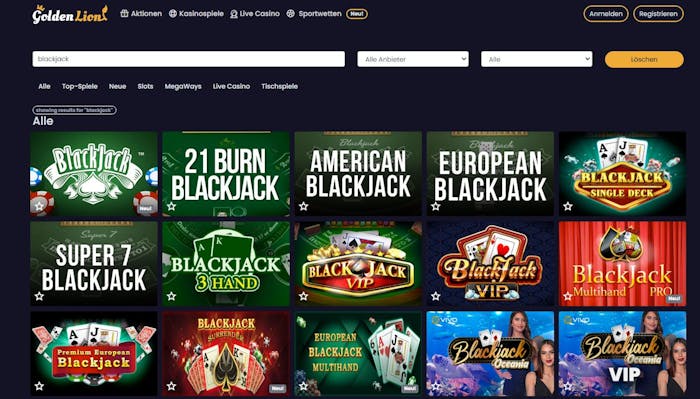 Blackjack Auswahl im Echtgeld Casino - Beispiel