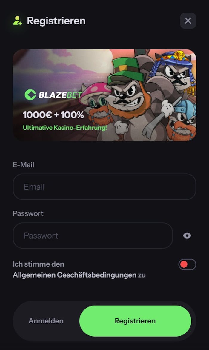 Blazebet Casino Screenshot mit der Anmeldeseite zum Eingeben der Daten.