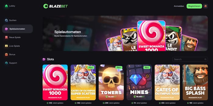 Blazebet Casino Screenshot mit der Spieleauswahl.