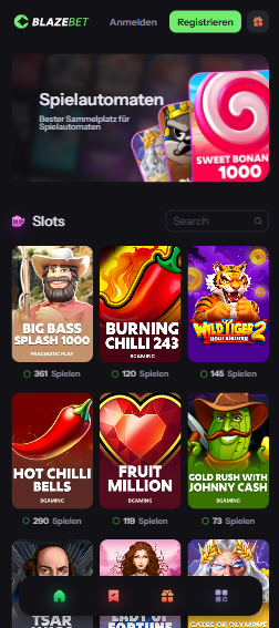 Blazebet Casino Screenshot mit der Spieleauswahl.