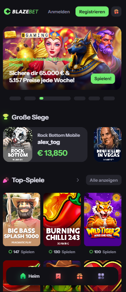 Blazebet Casino Screenshot mit der Startseite des Casinos.