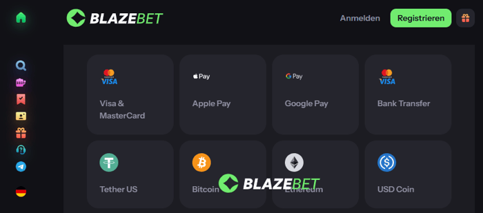 Blazebet Screenshot welcher die Zahlungsmethoden vom Casino mit Startguthaben ohne Einzahlung zeigt, dies sind Kreditkarten, EWallets und Kryptowährungen.