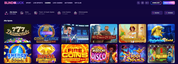 Spiellobby im Blindluck Casino zeigt Spiele wie 777 Diamonds neben anderen Spielkategorien