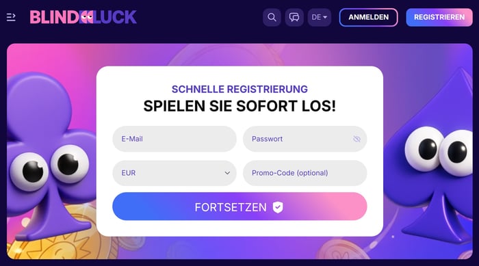 Startseite im Blindluck Casino zeigt Anmeldeformular