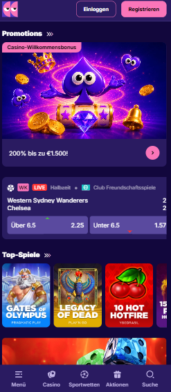 Startseite im Blindluck Casino zeigt Anmeldeformular