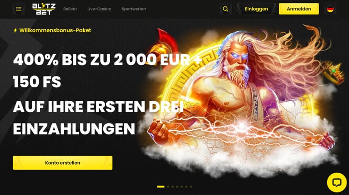 Startseite im BlitzBet Casino zeigt Willkommensbonus