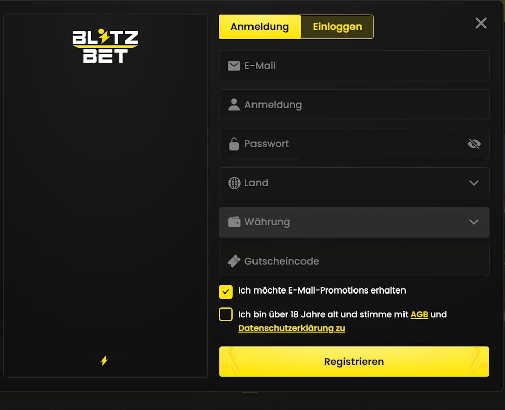 Die Anmeldemaske von Blitzbet Casino