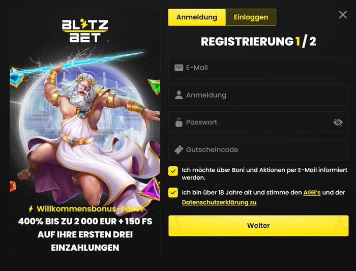 Anmeldeformular im BlitzBet Casino