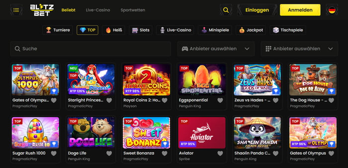 Spiellobby im BlitzBet Casino zeigt Spiele wie Gates of Olympus neben anderen Spiekategorien