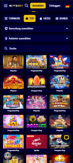 Spiellobby im BlitzBet Casino zeigt Spiele wie Gates of Olympus neben anderen Spiekategorien