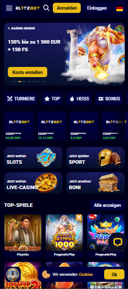 Startseite im BlitzBet Casino zeigt Willkommensbonus
