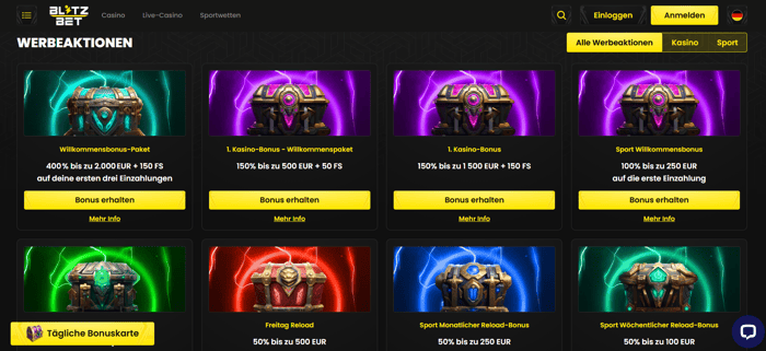 Screenshot vom Blitzbet Casino mit der Auswahl der Casino Promotionen.