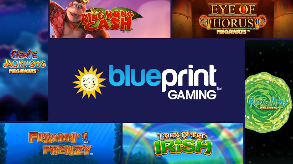 Das Logo von Blueprint Gaming, im Hintergrund einige ihrer berühmten Slot Titeln