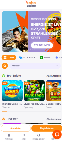 Boho Casino Startseite mit top Spielen und Menü