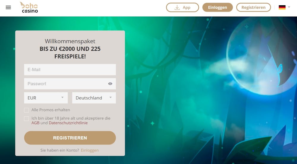 Boho Casino Startseite mit Anmeldebutton, Willkommensbonusbanner, Anmeldeformular und Menü