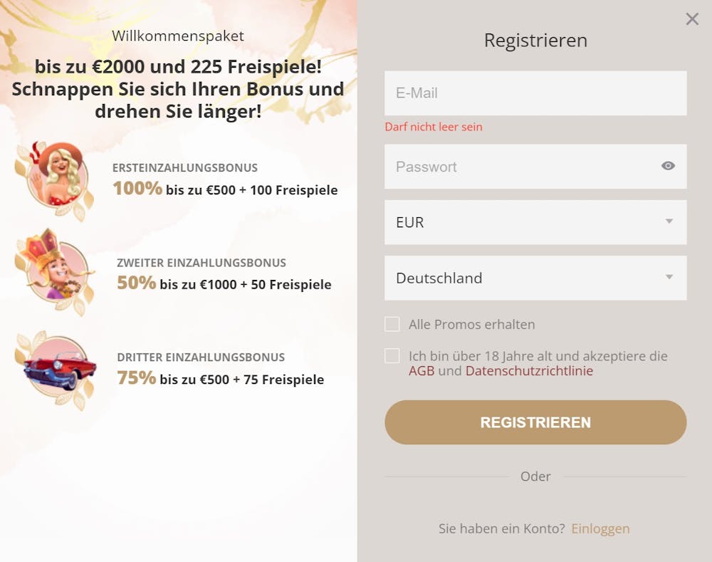 Boho Casino Anmeldeformular mit Willkommensbonusangebot