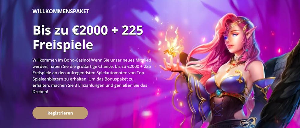 Boho Casino Willkommensbonusangebot bis zu 2000 Euro und 225 Freispiele