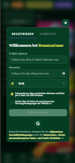 Anmeldeformular im Bonanza Game Casino