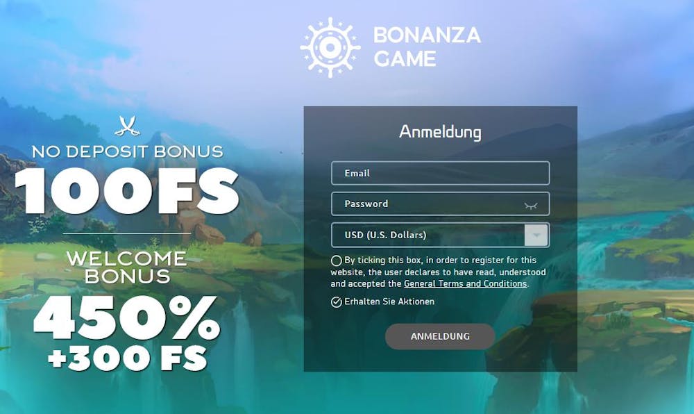 Anmeldeformular im Bonanza Game Casino