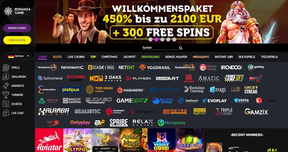 Bonanza Game Casino Startseite zeigt Willkommenspaket neben Logos von Spielentwicklern