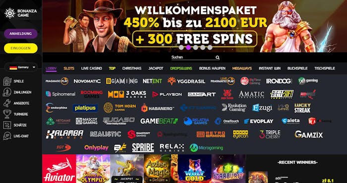 Bonanza Game Casino Startseite zeigt Willkommenspaket neben Logos von Spielentwicklern
