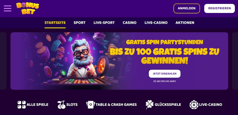 Startseite des BonusBet Casinos zeigt Gratis Spins Angebot und Casino Kategorien