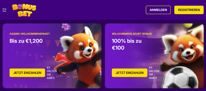 Bonusbet Casino Screenshot mit dem Willkommensbonus, der derzeit 1.200 € beträgt.