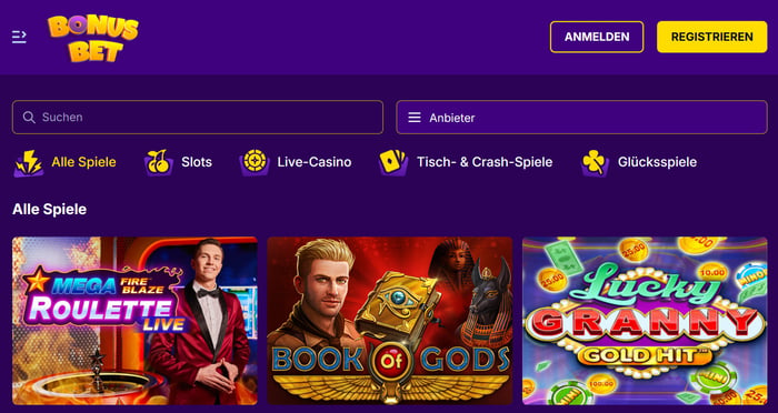 Bonusbet Casino Screenshot mit der Slot und Tischspiel Auswahl.