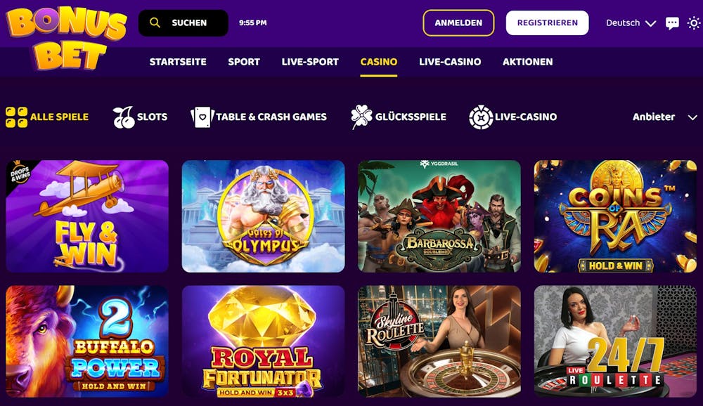 Spiellobby im BonusBet Casino zeigt Spiele wie Gates of Olympus neben anderen Spielkategorien und Filteroptionen