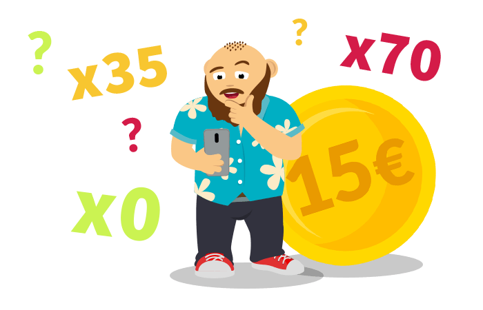 Grafik zeigt nachdenklichen CasinoBernie neben 15 Euro Münze umgeben von Fragezeichen und x0, x35, x70