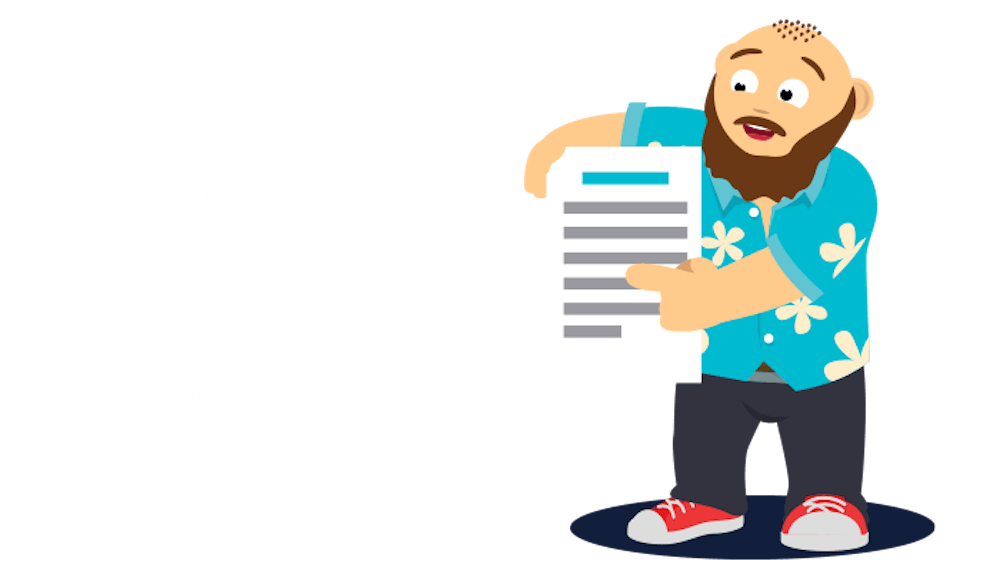 Grafik zeigt CasinoBernie mit Textdokument unter dem Arm neben 50 Euro Bonus ohne Einzahlung Zeichen