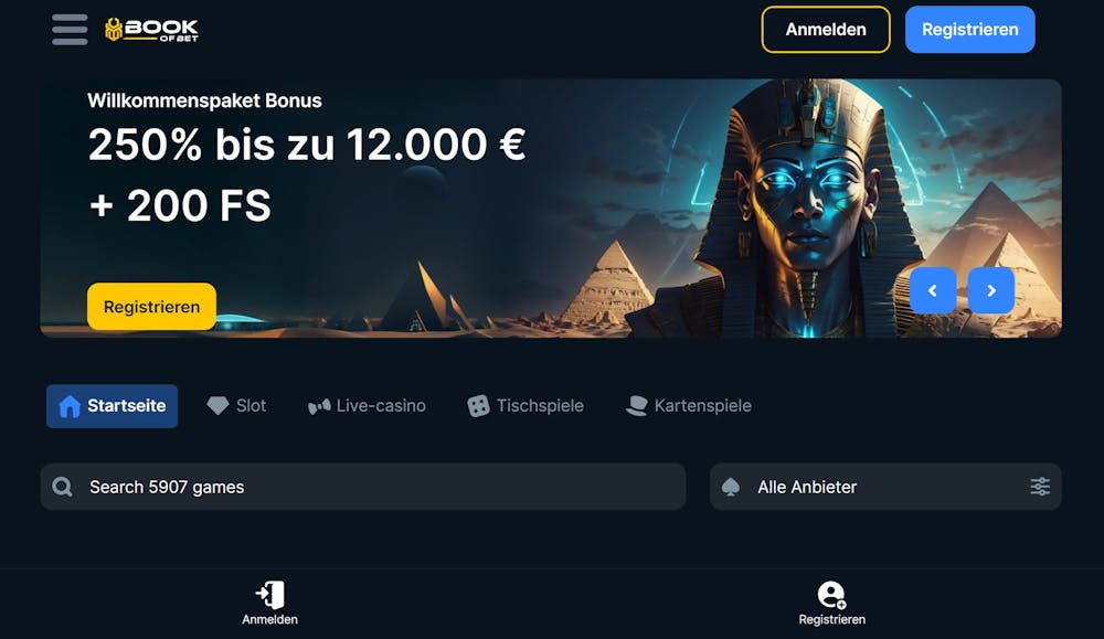 Die Homepage von BookofBet Casino mit einer Beschreibung über den Willkommensbonus von 250 % bis zu 12.000 € + 200 FS