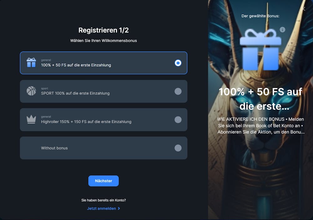 Das Registrierungsformular von BookofBet Casino