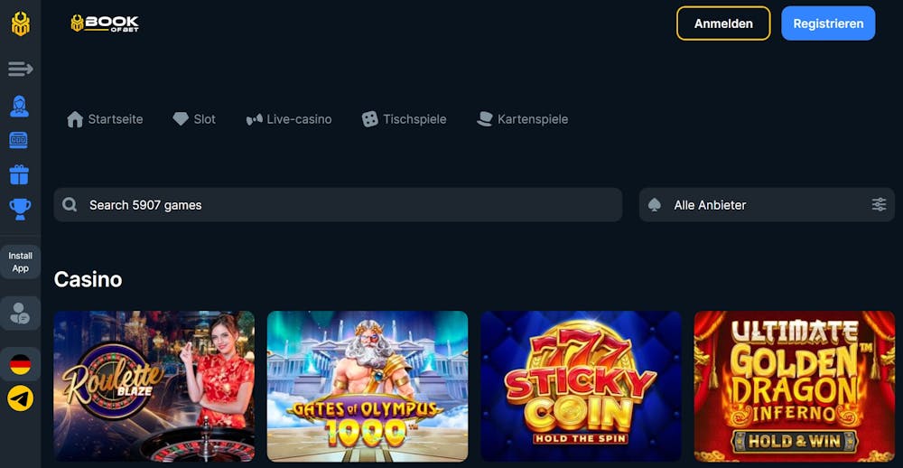 Die Spieleübersicht bei BookofBet Casino mit vielen verschiedenen  Titeln wie 777 Sticky Coin und Gates of Olympus 1000