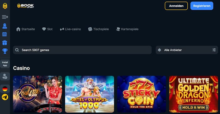 Die Spieleübersicht bei BookofBet Casino mit vielen verschiedenen  Titeln wie 777 Sticky Coin und Gates of Olympus 1000