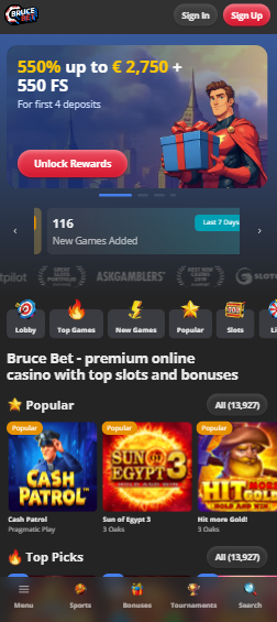 Bruce Bet Casino Startseite mit dem Willkommensbonus im Comic Stil.