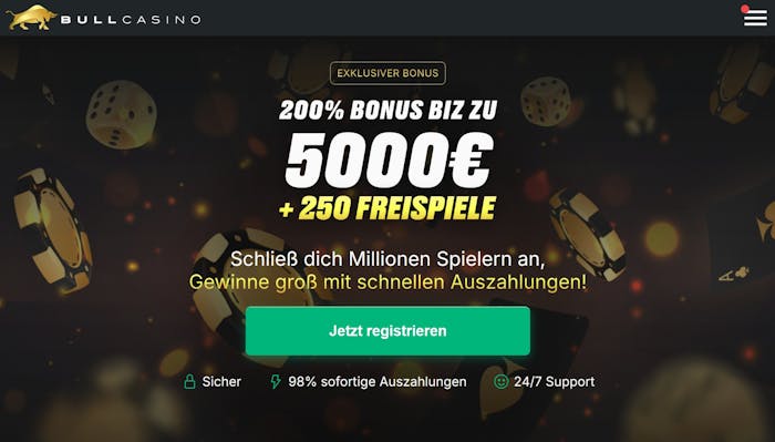 Die Homepage von Bull Casino mit einer Beschreibung über den Willkommensbonus von 200 % bis zu 500 € + 200 Freispiele
