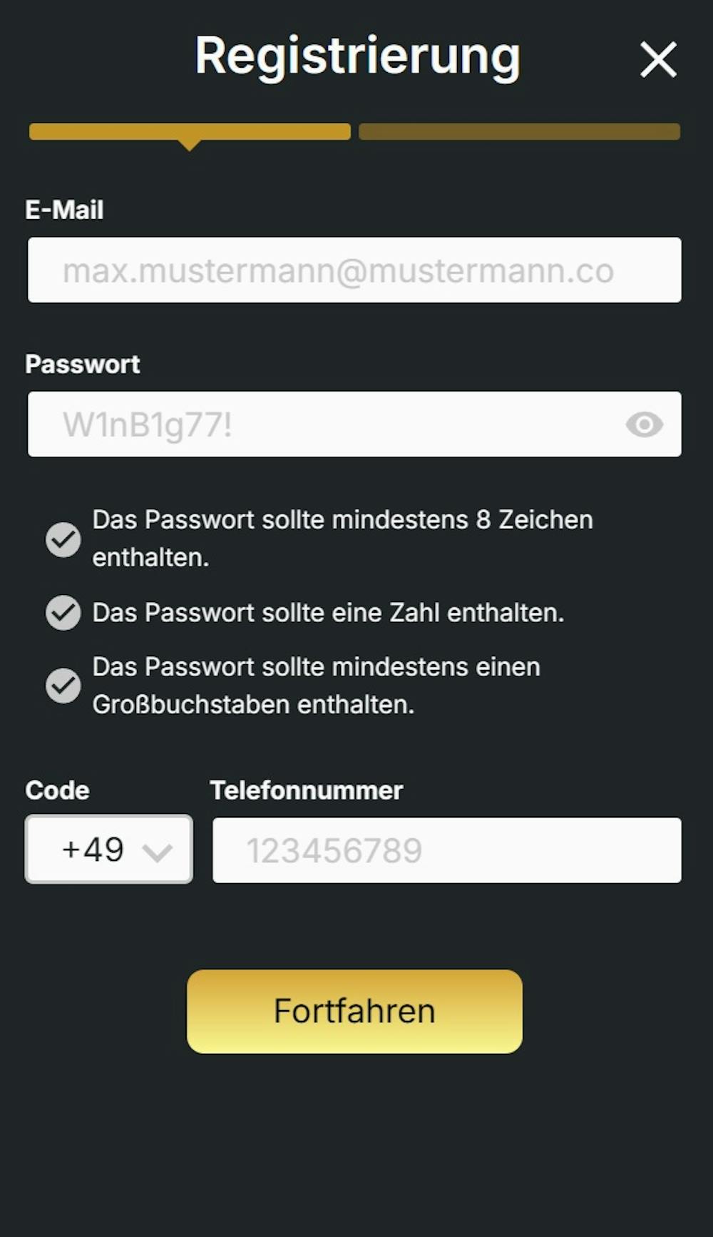 Das Registrierungsformular von Bull Casino