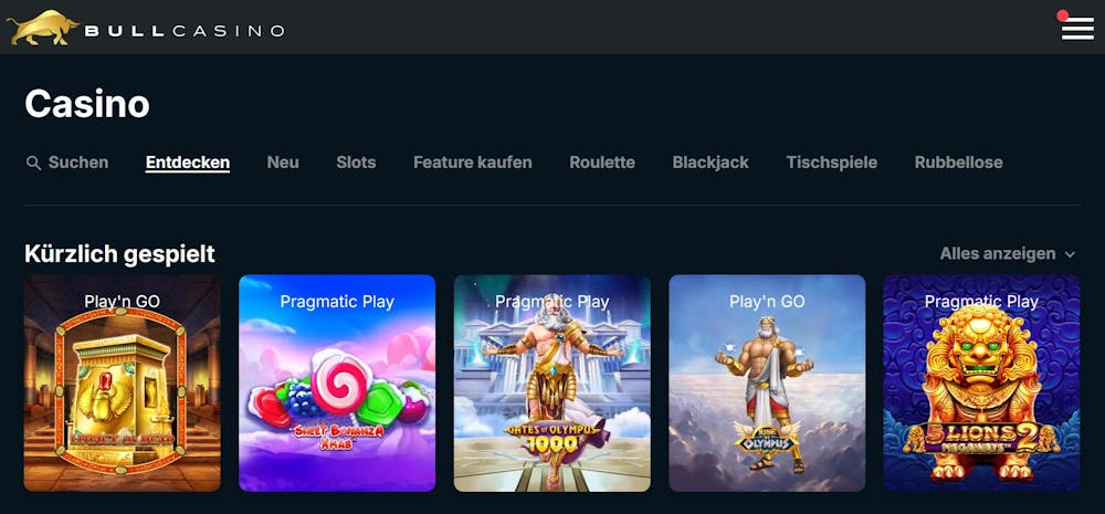Die Spielauswahl bei Bull Casino mit vielen verschiedenen Titeln wie Rise of Olympus und Legacy of Dead